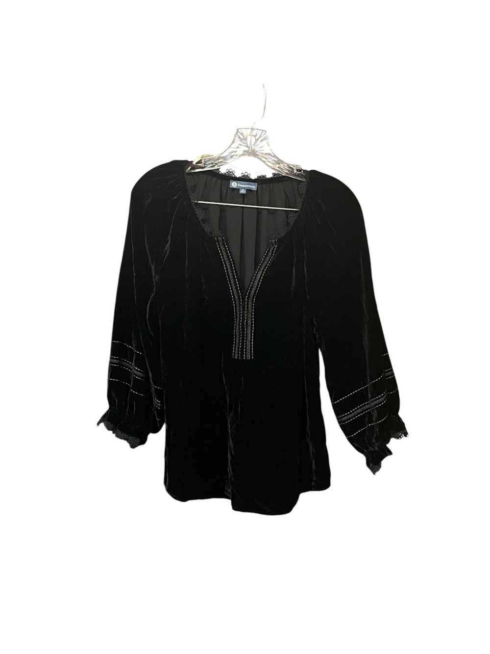 Democracy Velvet Peasant Blouse Women M Black Boho 3/4 Sleeve Lace Trim